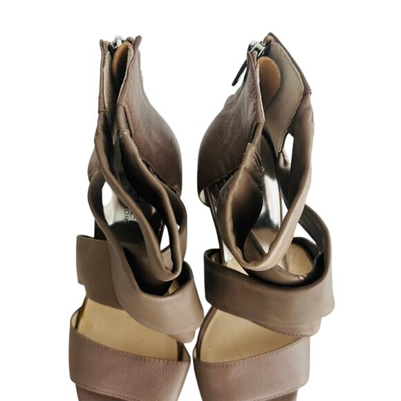 Michael Kors Cone Heel Leather Sandal Size 9 Tan Cross Strap 5" Platform New - Picture 4 of 8